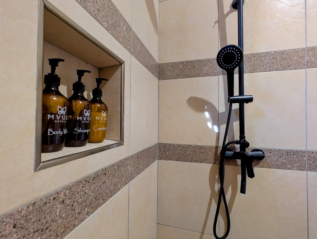 Shower with Mvuli toiletries, Mvuli Mountain Lodge