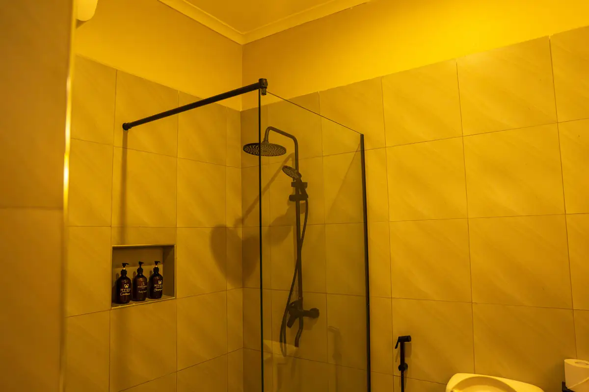 Glass rain shower in a bathroom at Mvuli Farm Lodge
