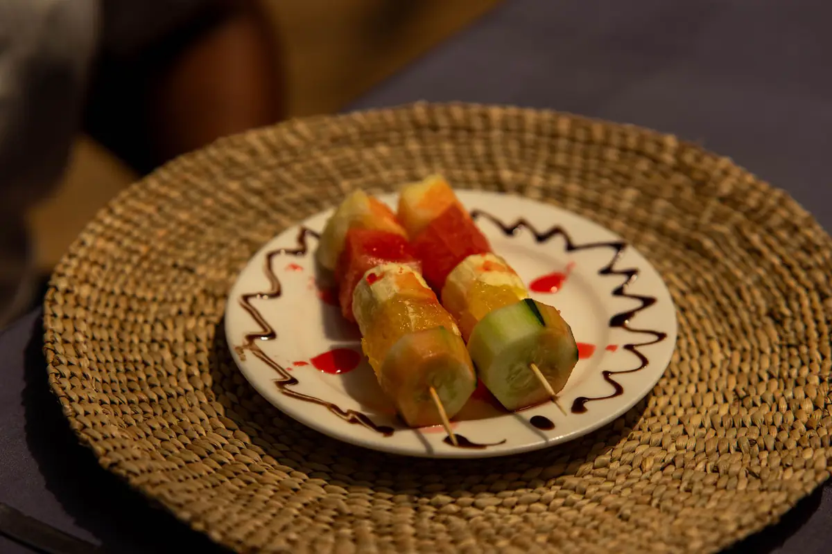 Fruit skewers dessert at Mvuli Farm Lodge