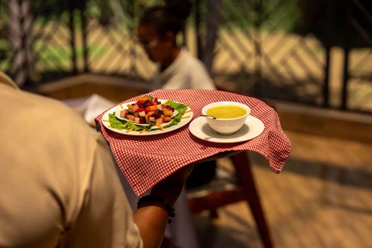 Salad and soup served on the terrace at Mvuli Farm Lodge
